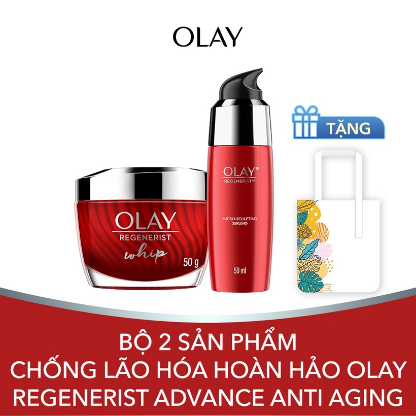 Bộ 2 sản phẩm chống lão hóa hoàn hảo Olay Regenerist Advance Anti Aging: Kem dưỡng ẩm Whips 50g + Tinh Chất Vi Dưỡng Olay Regenerist 50ml [Tặng Túi Tote Thiết Kế Mới]