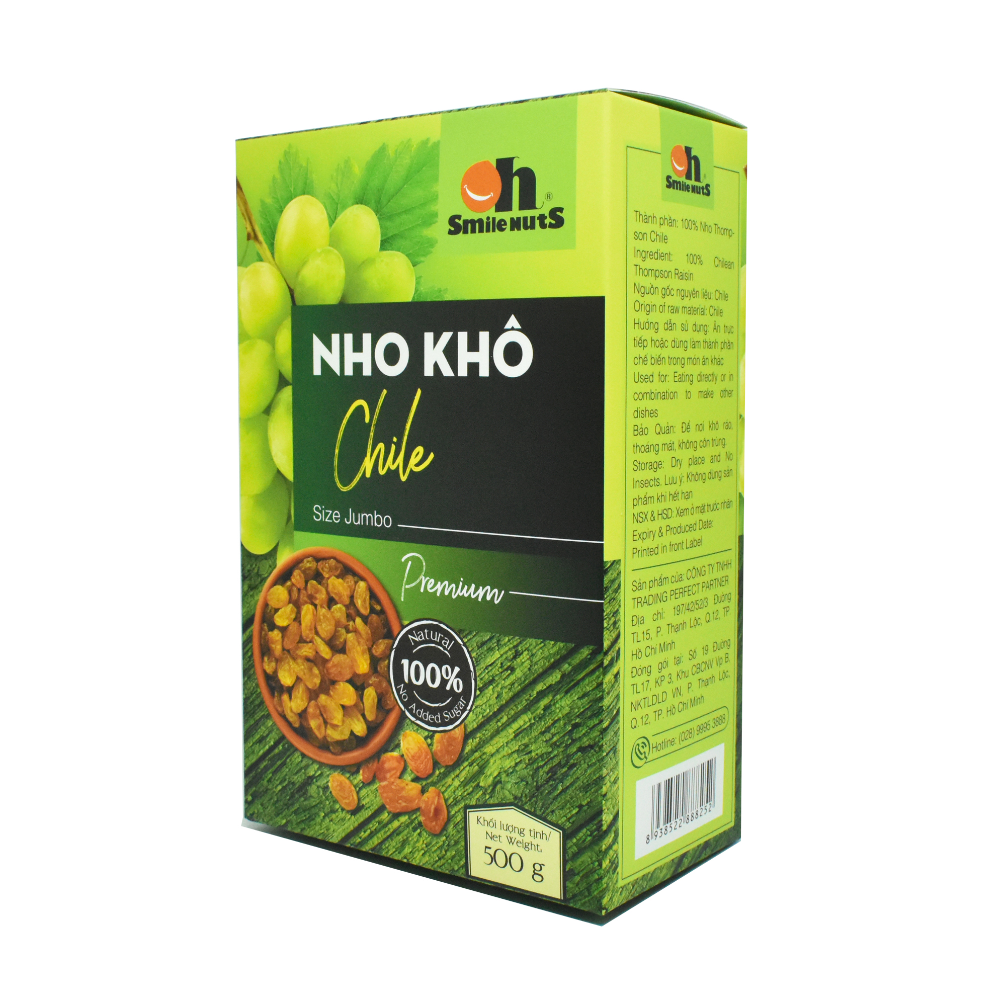 Nho Khô Không Hạt Smile Nuts Hộp 500g - Nho khô vàng nhập khẩu từ Chile, 100% không đường và chất bảo quản