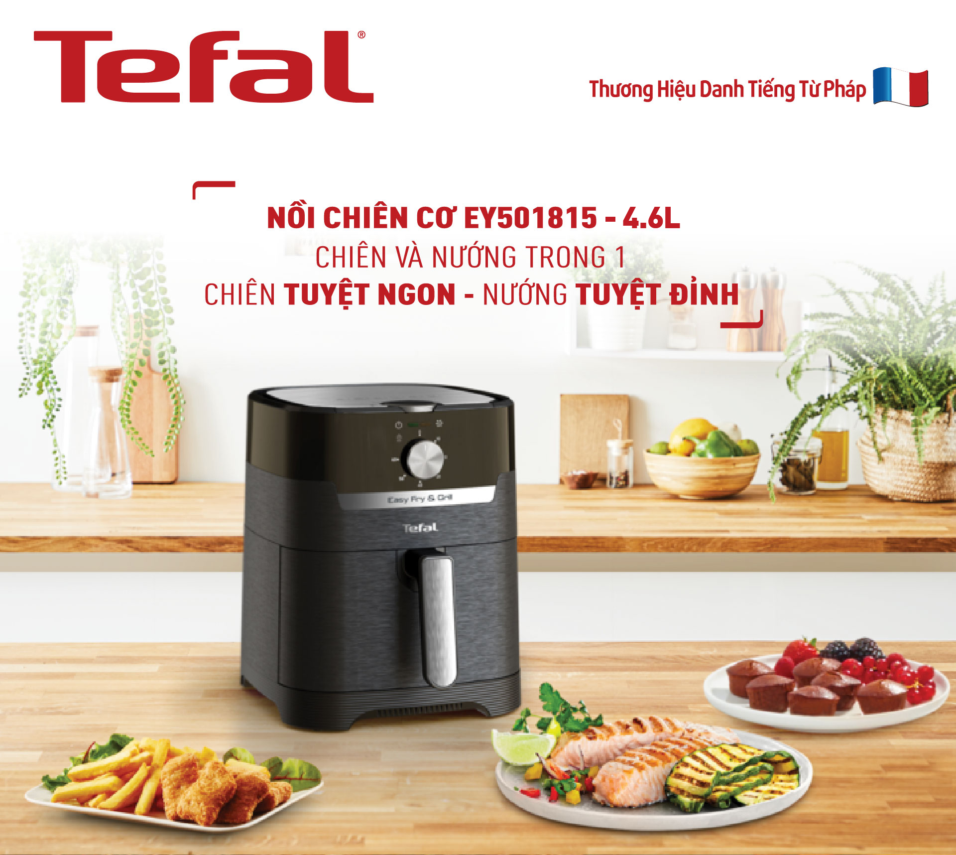 Nồi chiên, nướng không dầu cơ Tefal 2 trong 1 EY501815, Dung tích lòng nồi 4.6L / sử dụng 4.2L /1.2kg- Hàng chính hãng