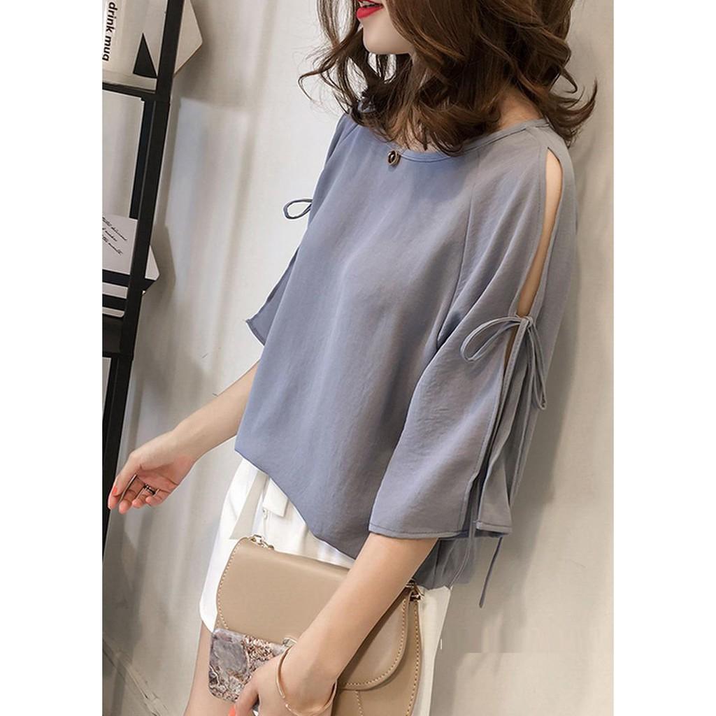 Áo chiffon nữ cổ tròn form rộng tay cánh tiên, chất vải mềm mát, thích hợp mùa hè, hàng nhập Quảng Châu