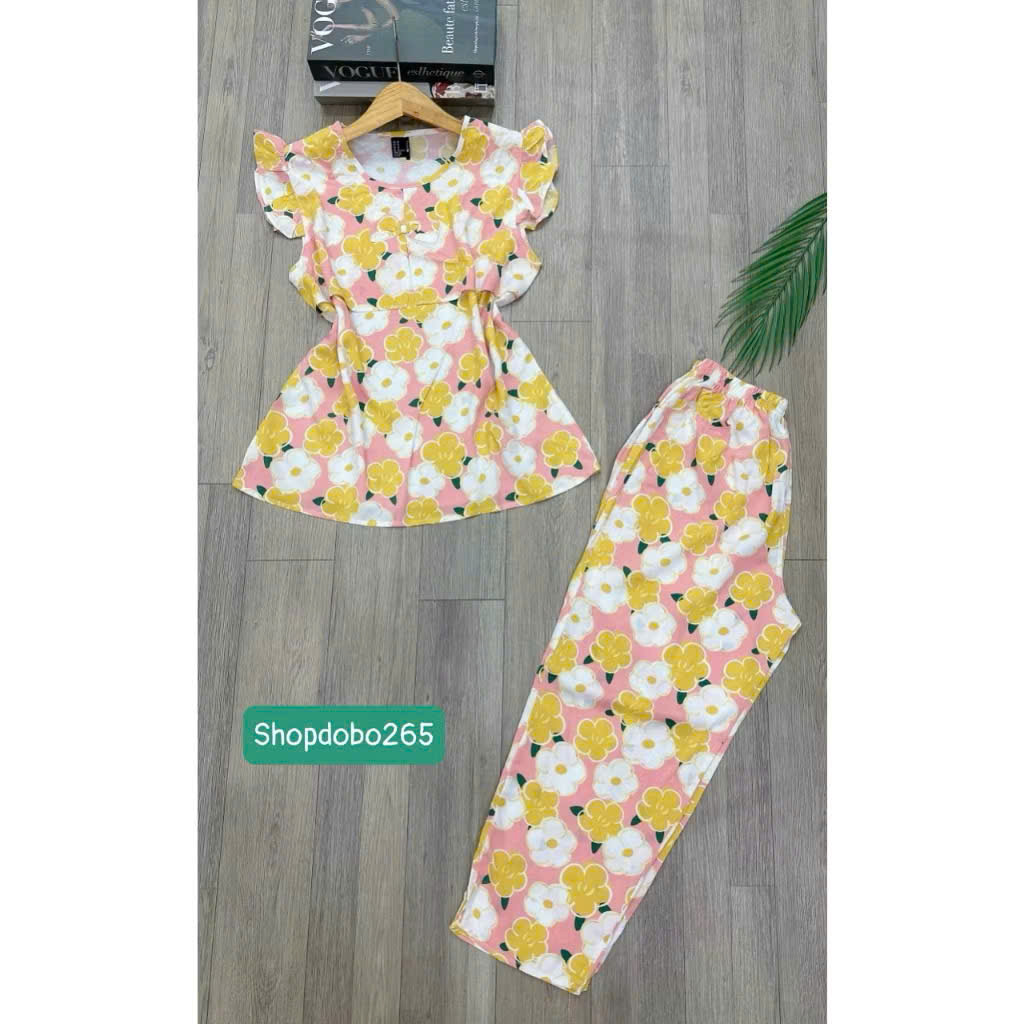 Đồ bộ nữ,đồ ngủ mặc nhà lửng 9 tấc áo 2 lớp tay cánh tiên vải lanh BL 42 họa tiết dễ thương size 51-65kg