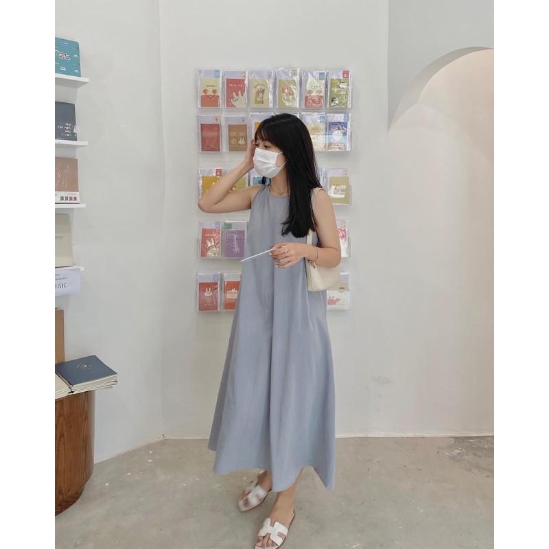 Váy ba lỗ chất đũi không nhăn form rộng oversize Váy suông dáng dài vintage