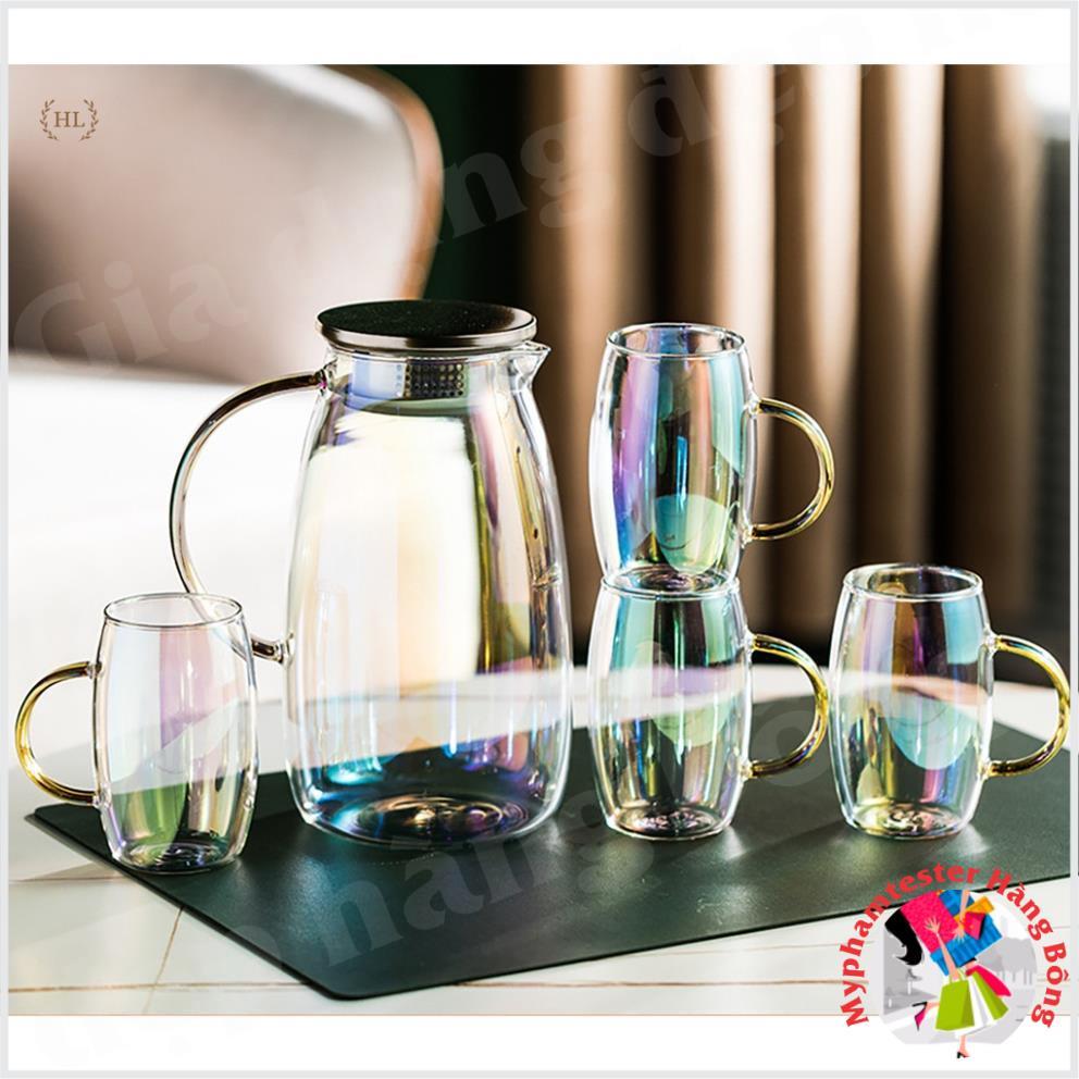 BỘ BÌNH 6 CỐC THUỶ TINH ÁNH TRAI CHỊU NHIỆT BOROSILICATE | BỘ CỐC BÌNH THUỶ TINH 7 MÀU PHA LÊ ĐẠI DƯƠNG