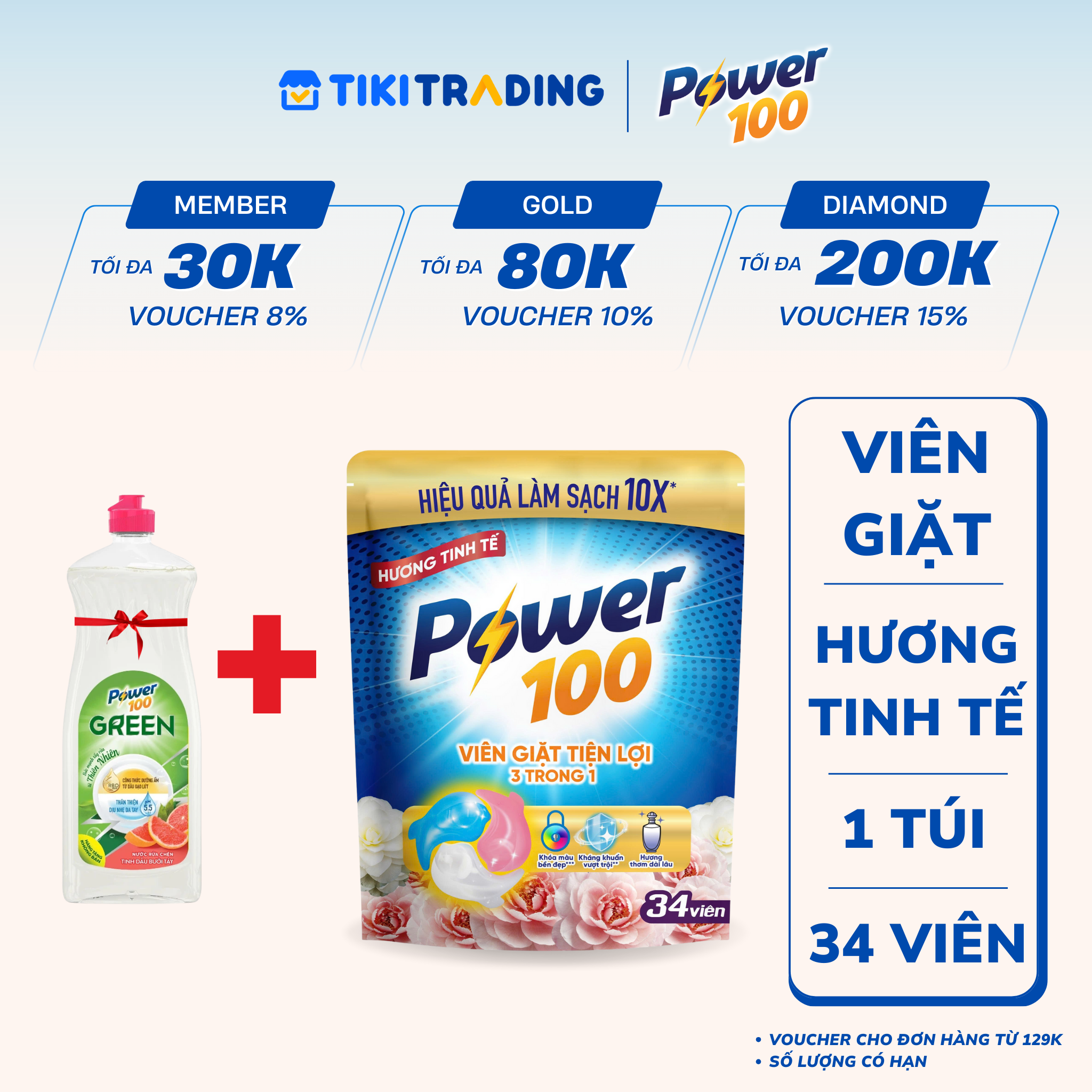 Viên Giặt Tiện Lợi Power100 3 Trong 1 Hương Tinh Tế Túi 34 Viên