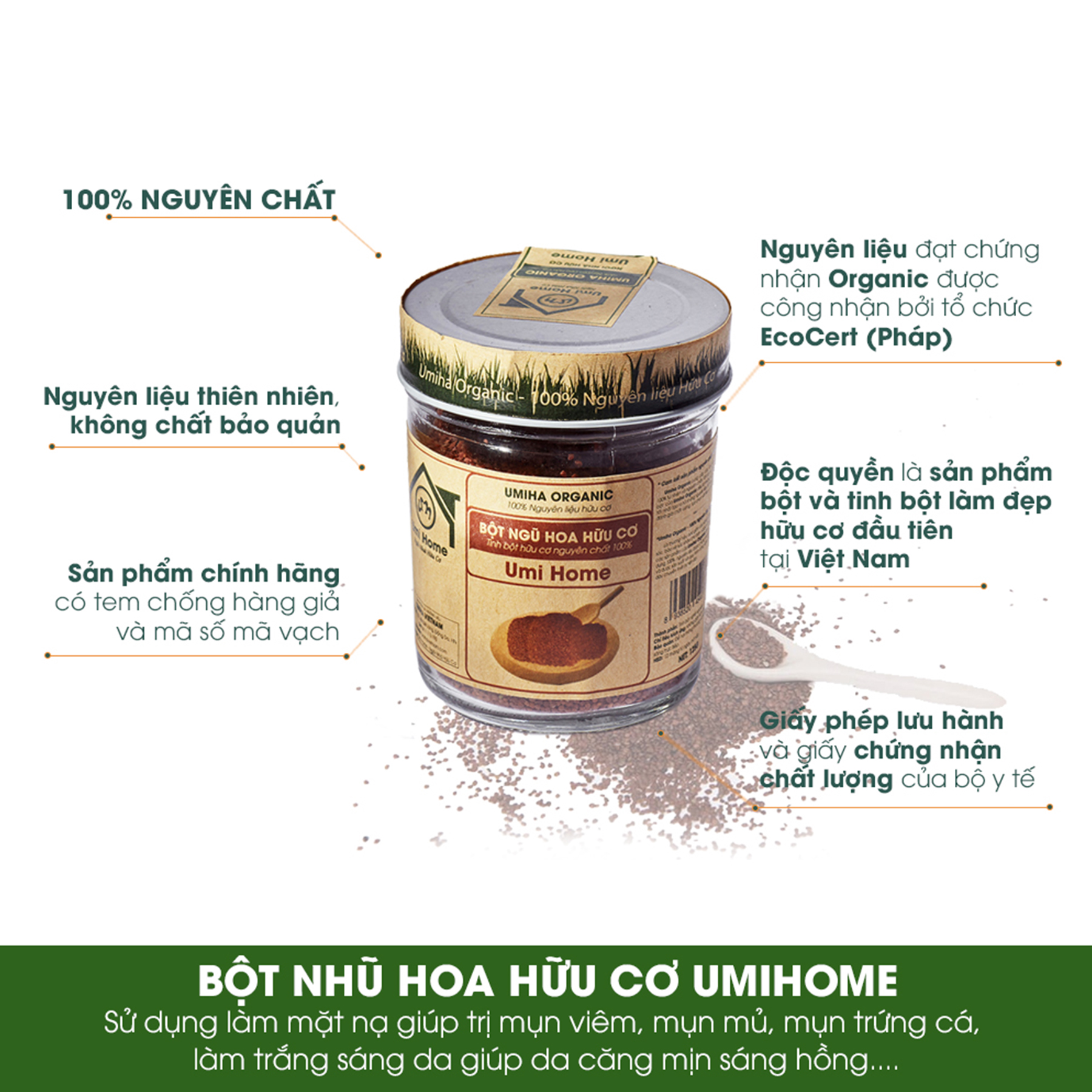 Bột Hạt Ngũ Hoa Hữu Cơ UMIHOME (135g) - Bột đắp mặt dưỡng trắng da hỗ trợ trị mụn thâm nám hiệu quả tại nhà