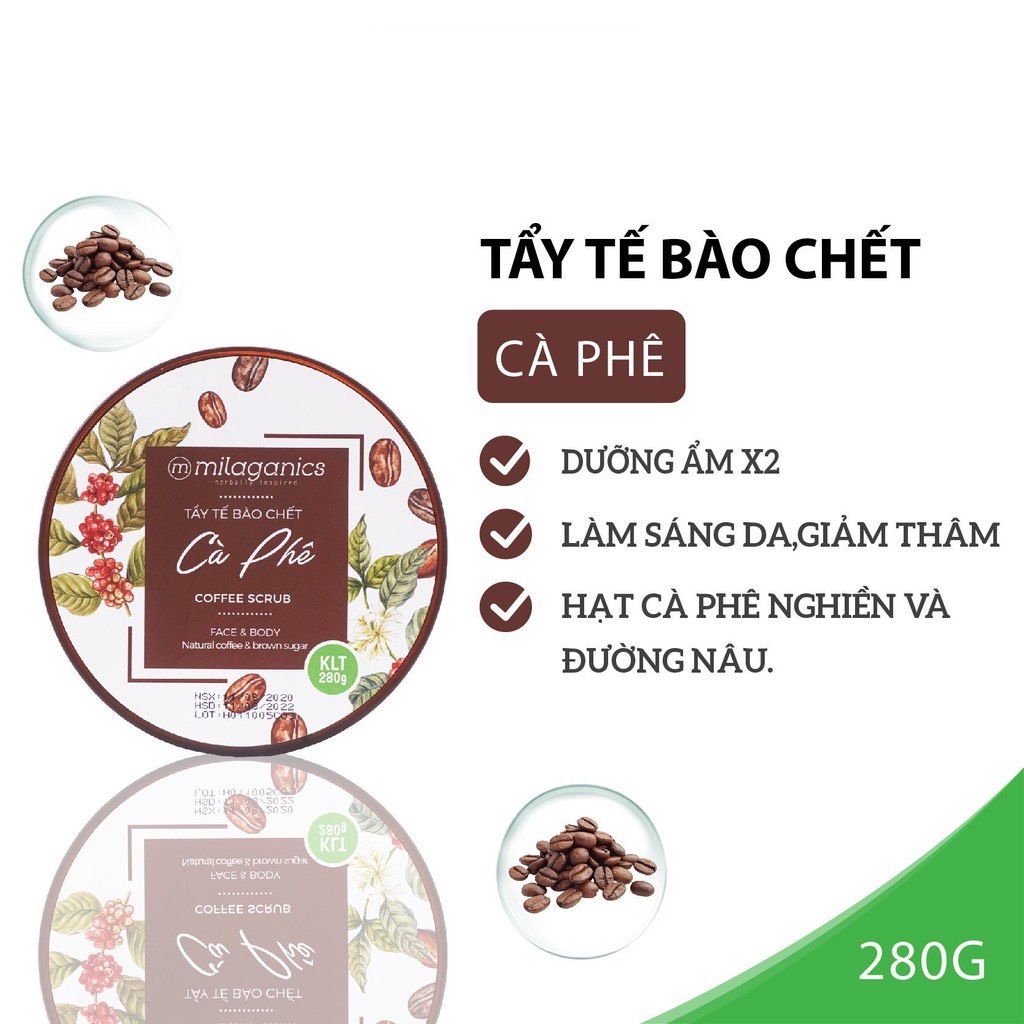 Scrub Tẩy Tế Bào Chết Cho Mặt &amp; Toàn Thân Từ Hạt Cà Phê Robusta &amp; Đường Nâu MILAGANICS 280gr (Hũ)