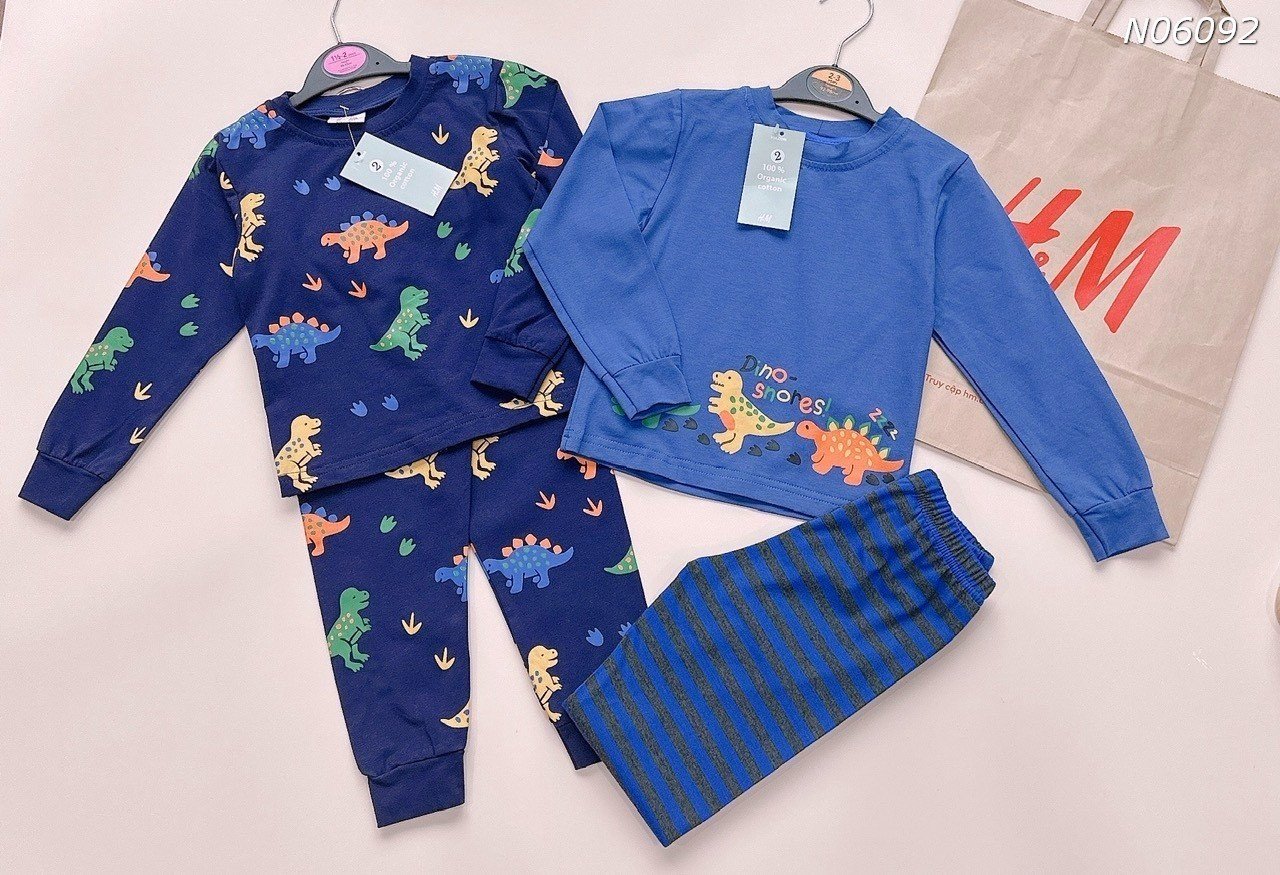 [SET 2 BỘ] quần áo dài tay họa tiết khủng long xanh cho bé trai từ 10-15kg,chất thun cotton co giãn,không bai không xù