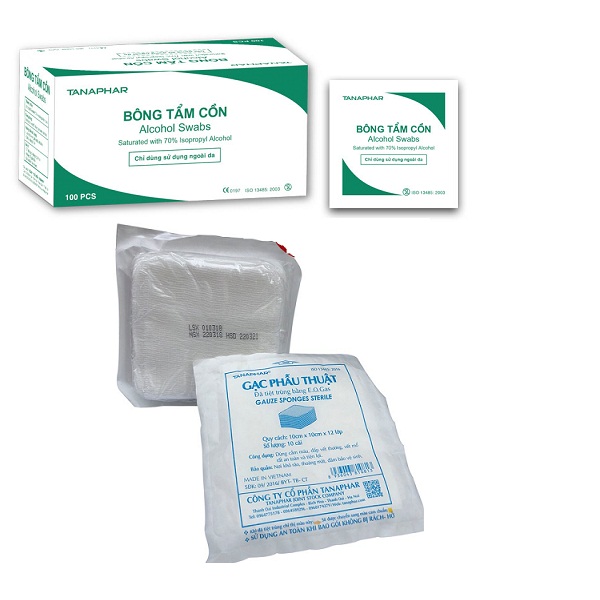 Combo Bông tẩm cồn Alcohol Swabs hộp 100 miếng + Gạc phẫu thuật tiệt trùng túi 10 miếng 8 lớp