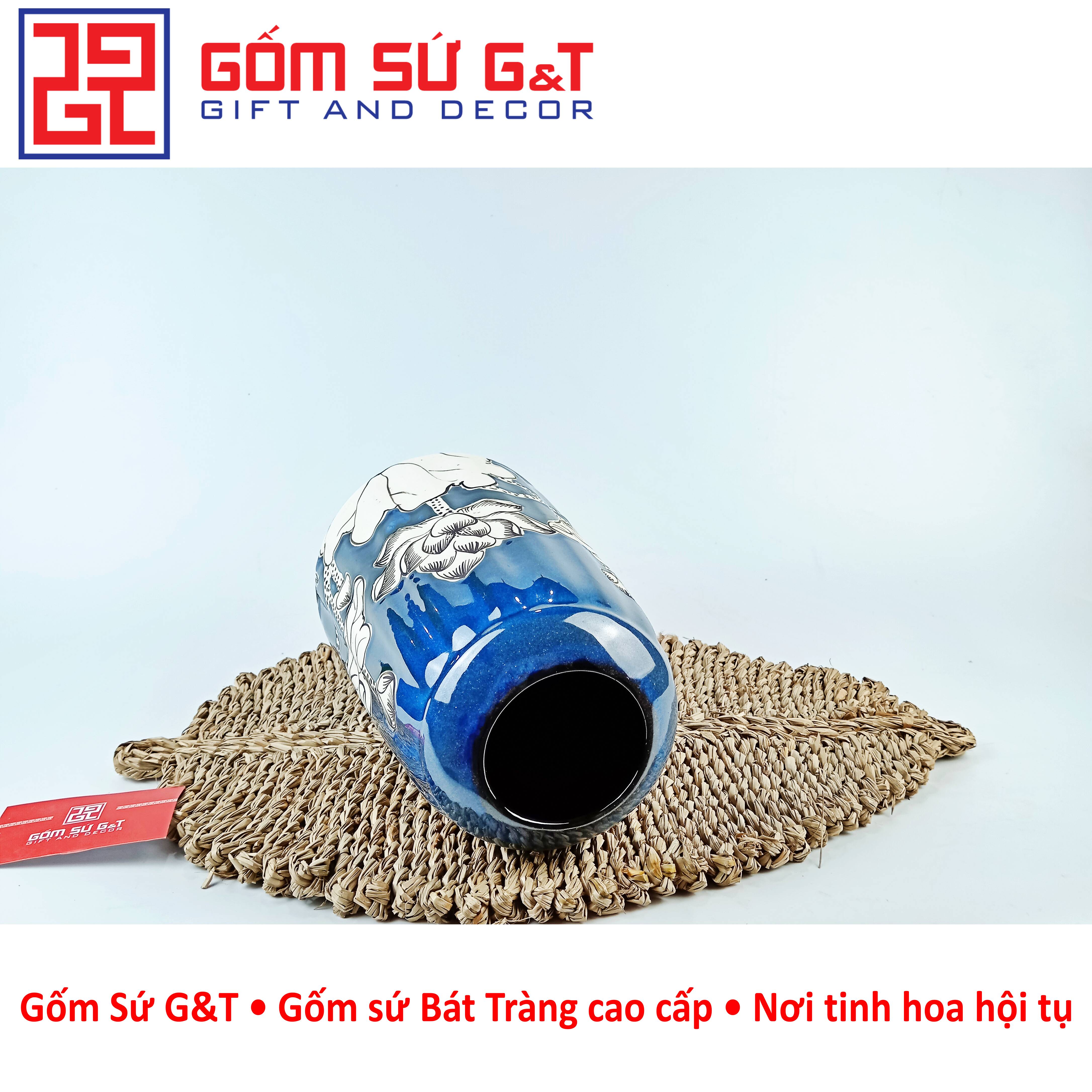 Lọ hoa men hỏa biến lá dứa miệng thấp vẽ sen Gốm Sứ G&amp;T