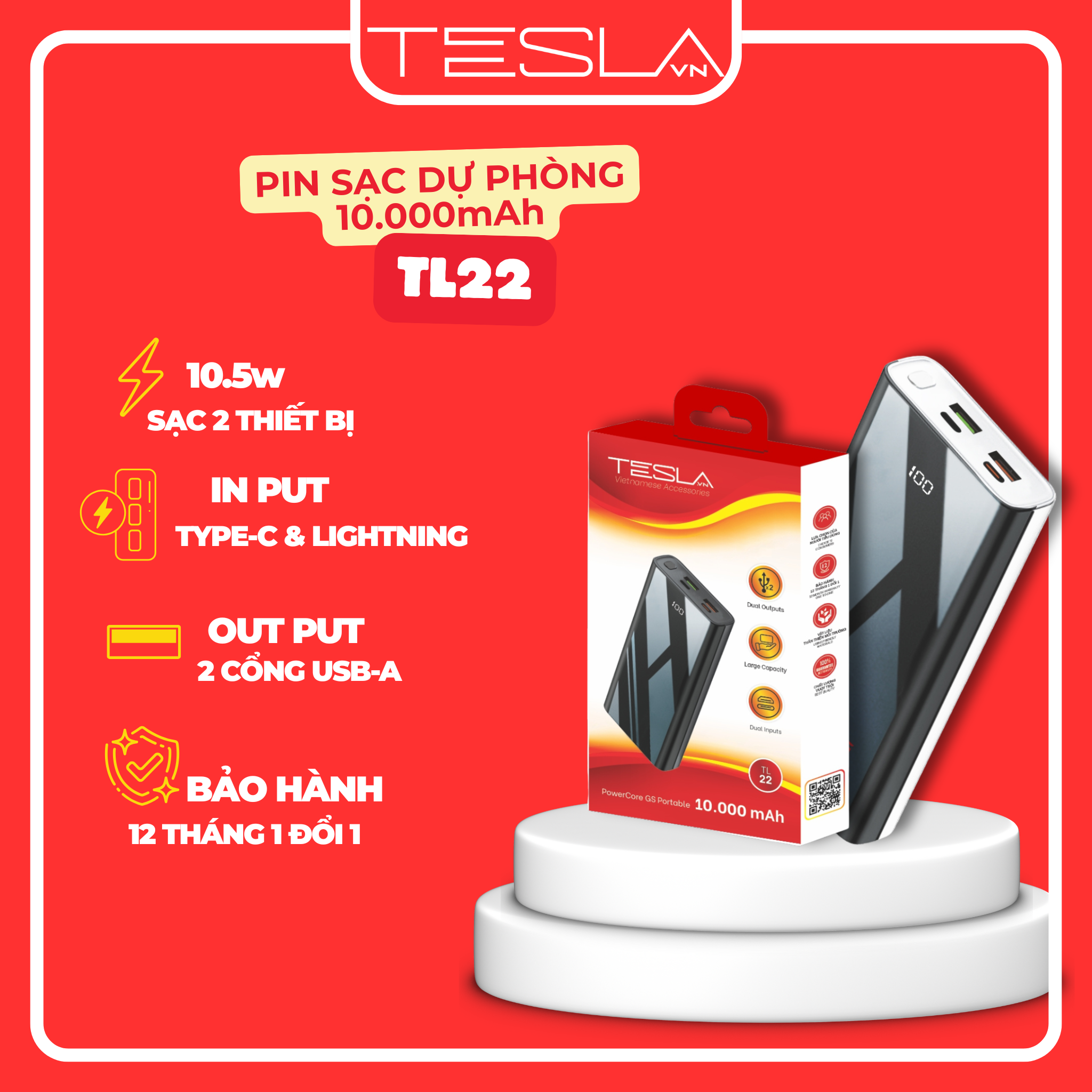 Pin sạc dự phòng hàng chính hãng TESLA TL22  màn hình Led 10.000mAh | Bảo hành 12 tháng 1 đổi 1 | Made in Việt Nam