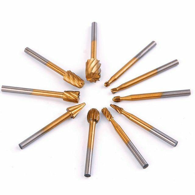 Bộ 10 mũi khắc phay điêu khắc gỗ thép HSS mạ titaniun cao cấp cán 3mm