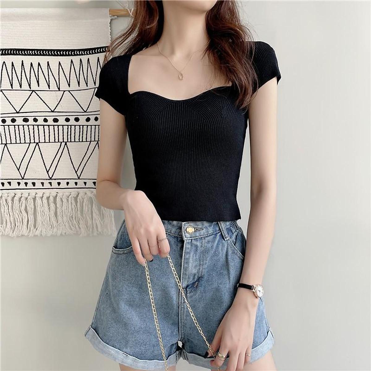 Áo Crop Top Màu Trơn Tay Ngắn Gợi Cảm Quyến Rũ Thời Trang Cho Nữ