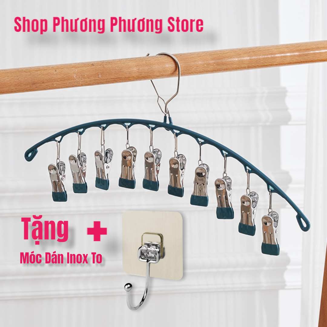 Móc phơi quần áo inox có khóa móc treo chắc chắn - 10 kẹp được phủ nhựa chống sầy xước khi phơi đồ ( tặng dán inox to ) Hàng Cao Cấp