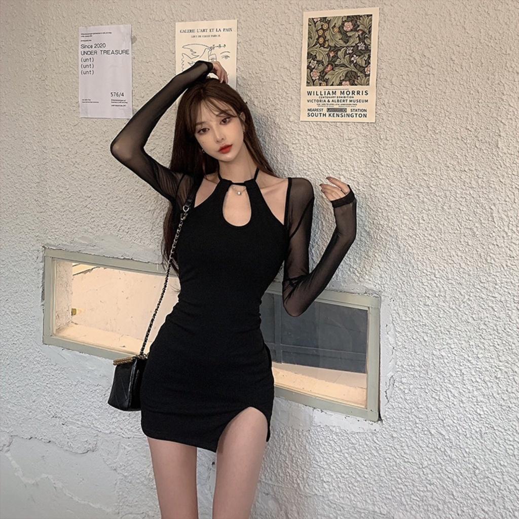 Đầm cổ yếm HAGA váy ôm body phối áo lưới xuyên thấu VYAL55