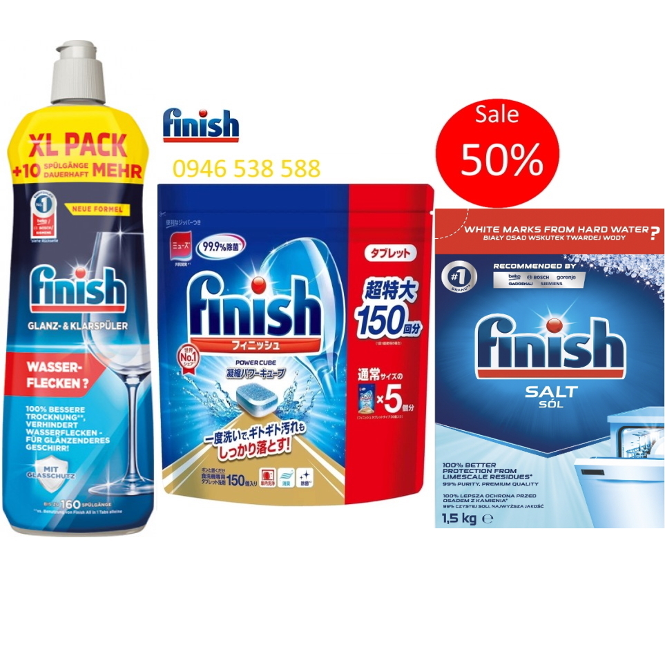 Nước làm bóng finish 1150ml+100 Viên rửa bát Finish All in 1+Muối rửa bát Finish 1.5kg
