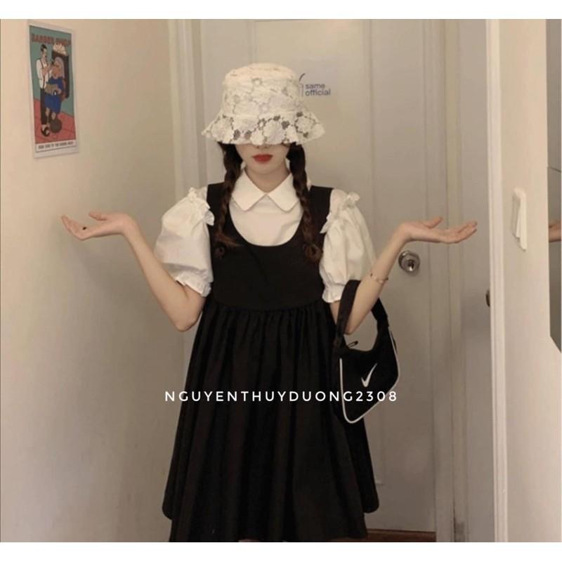 Set yếm+áo sơmi cổ sen tay bèo Ulzzang