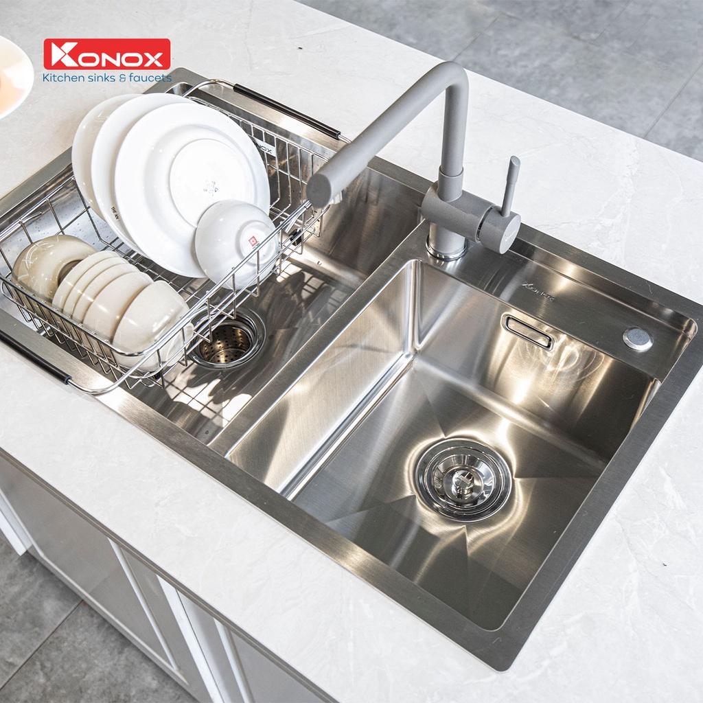 Vòi rửa bát nóng lạnh xoay 360 độ KONOX Felix Grey, bề mặt xử lý mạ PVD Granite, lõi hợp kim đồng 61% tiêu chuẩn Châu Âu CW617N