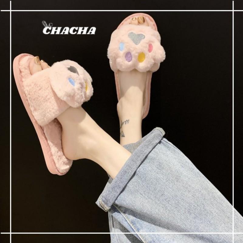 Dép đi trong nhà Chacha Sweet Dép bông hình Chân Gấu hồng pinky đáng yêu siêu êm