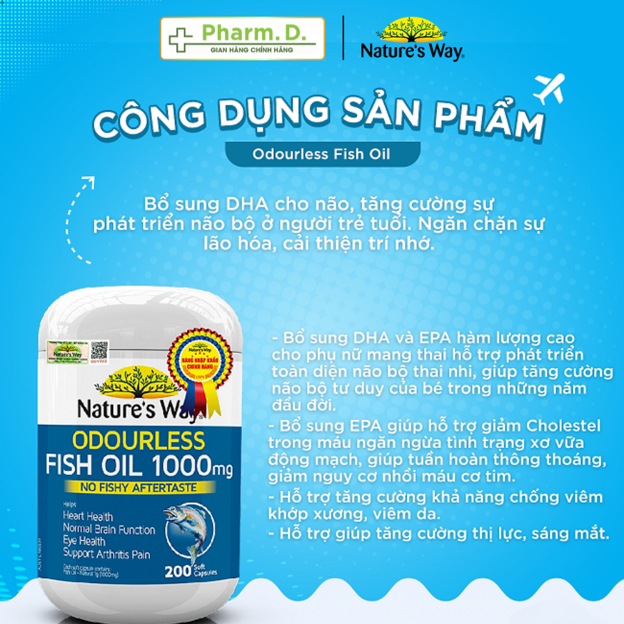 Viên Uống Dầu Cá NATURE'S WAY Fish Oil Bổ Sung Omega 3, DHA Và EPA Phát triển Trí Não Và Thị Lực (200 Viên)