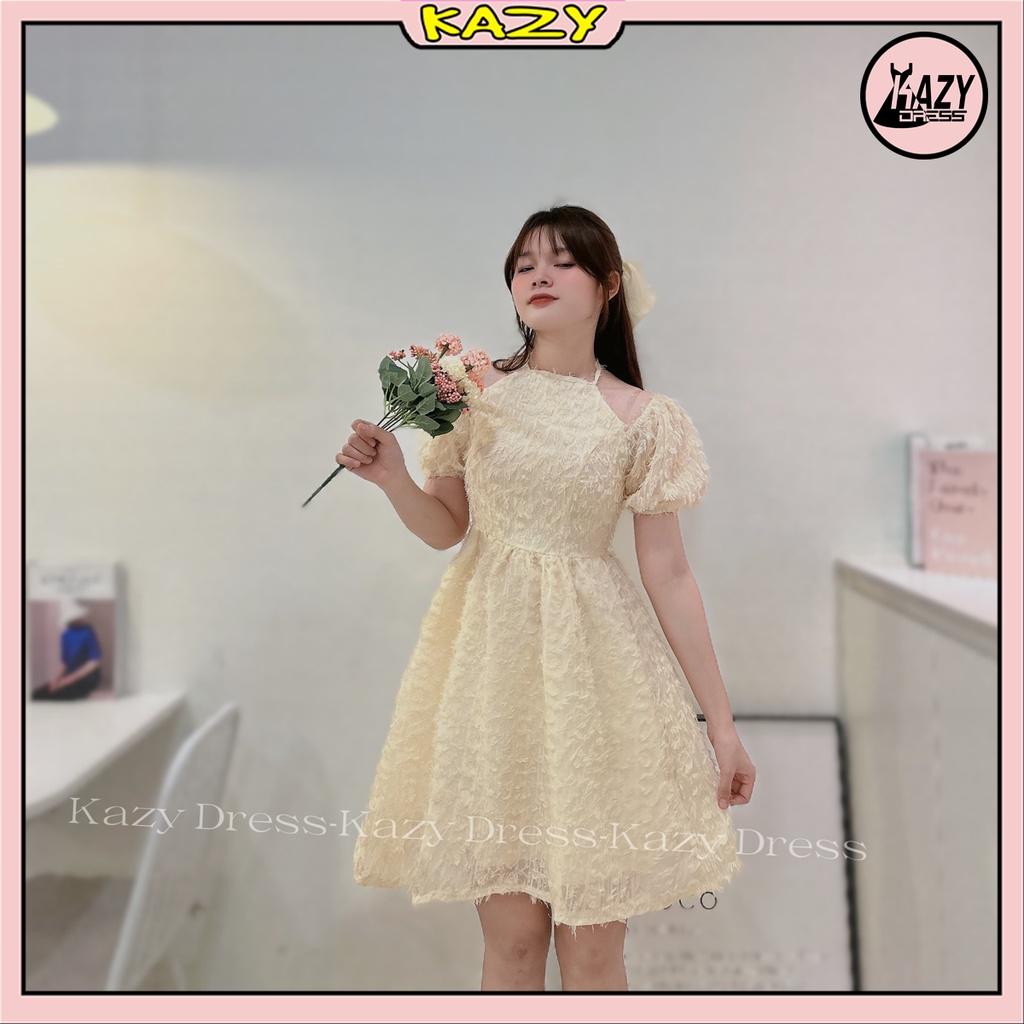 Váy trắng tiểu thư dự tiệc cổ yếm trễ vai tay bồng 2 lớp thêu hoa dáng xinh Hàn Quốc KAZY DRESS V003