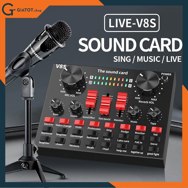 Sound card âm thanh V8S có bluetooth cùng pin sạc - hát thu âm, livestream và karaoke