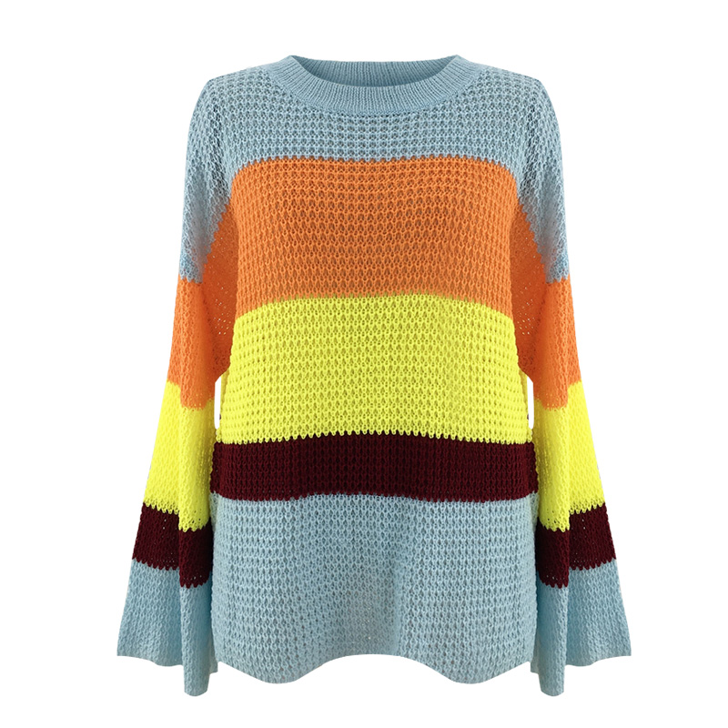 Women Loose Striped Knitted Pullover Sweater Rain-bow Contrast Color Bell Long Sleeves O Neck Knitting Top