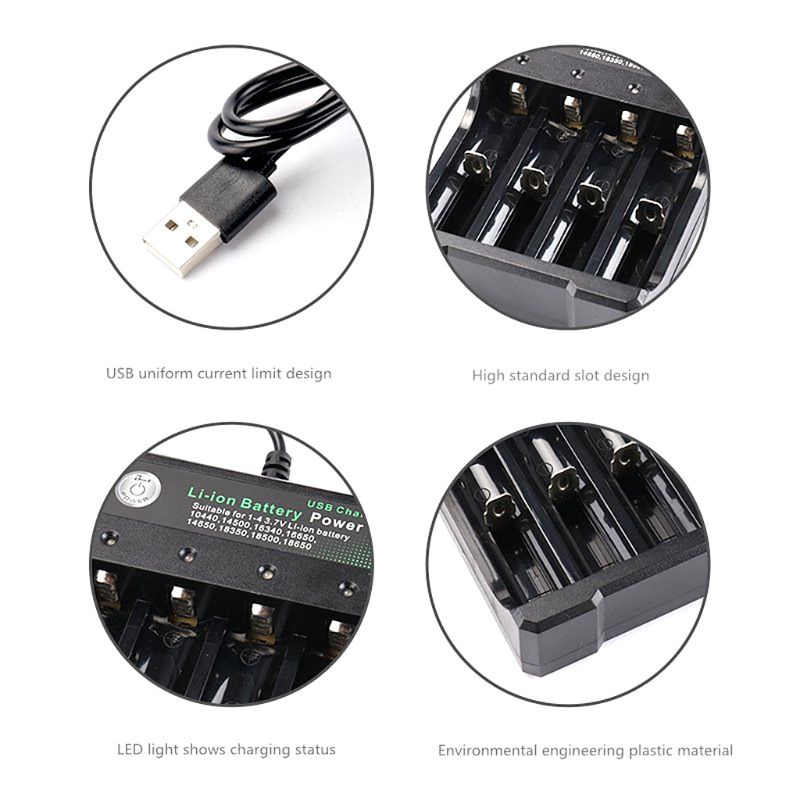 Bộ sạc pin litium-ion 3.7v chuyên nghiệp 4 cổng thông minh tự ngắt điều chỉnh dòng sạc có đèn báo loại tốt