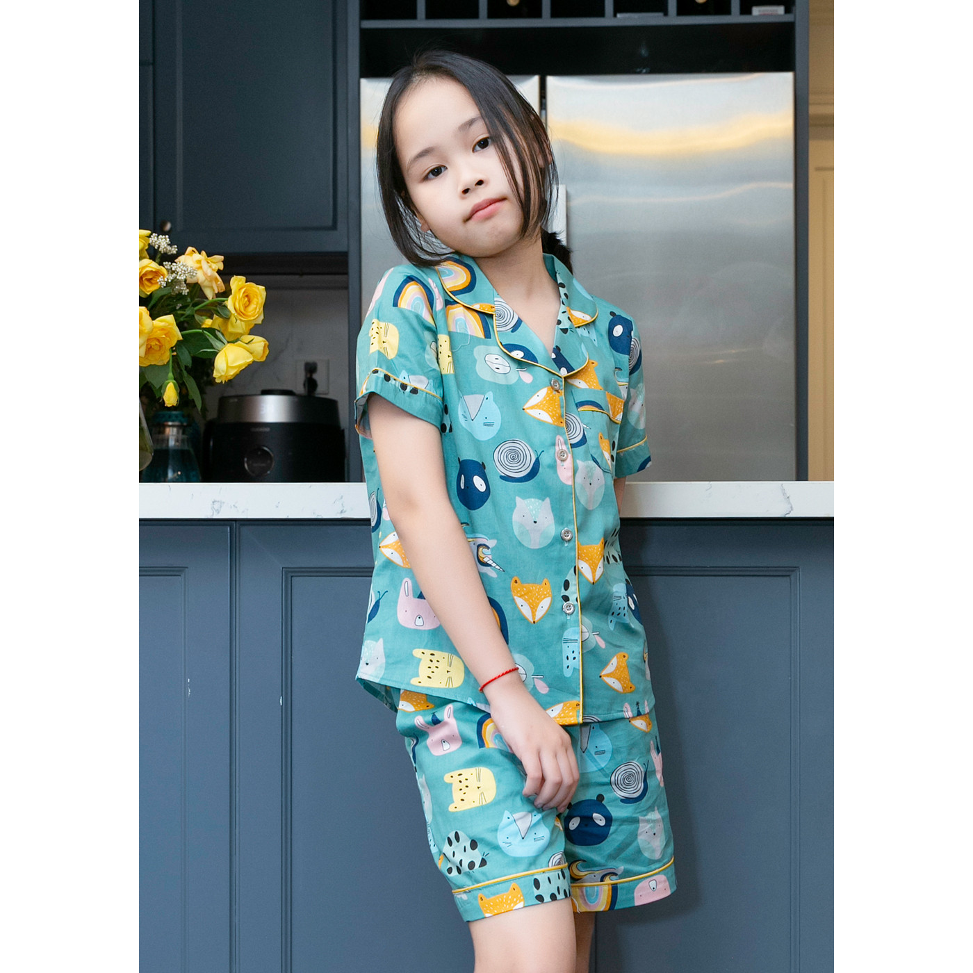 Bộ ngủ Pijama bé gái áo cộc quần đùi màu xanh hình thú