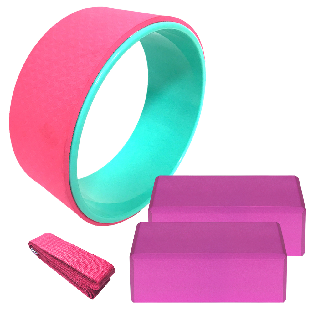 Bộ thiết bị tập Yoga bao gồm 2 khối yoga, 1 dây kéo giãn bằng vải cotton và 1 bánh xe yoga, rất phù hợp cho người mới bắt đầu tập yoga