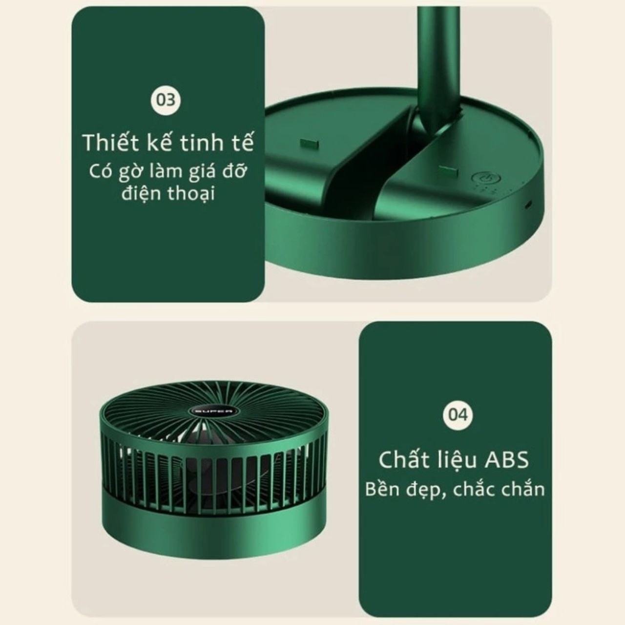 Quạjt Tích Điện Để Bàn Mijni Gấp Gọn: 3 Tốc Độ, Xoay 360 Độ, Pin Dung Lượng Lớn, ĐÈN TRANG TRÍ