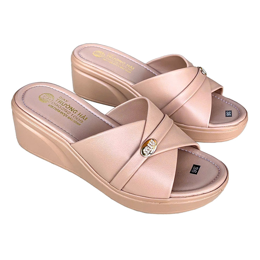 Dép nữ đế xuồng quai ngang 5cm Trường Hải da mềm mại 2 màu đen, kem DN2118
