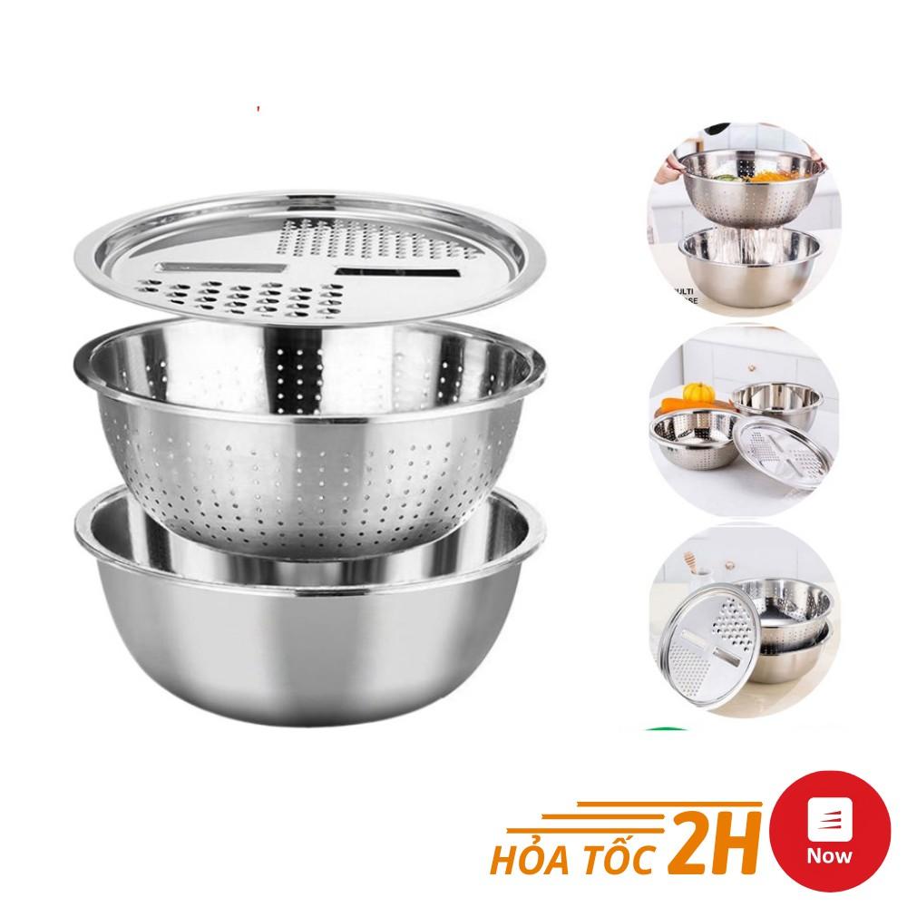 Bộ Rổ Nạo Inox 3 Chi Tiết Kèm Chậu Đa Năng - Bộ Bát Trộn Rau Củ Quả Inox Kèm Nạo đa năng