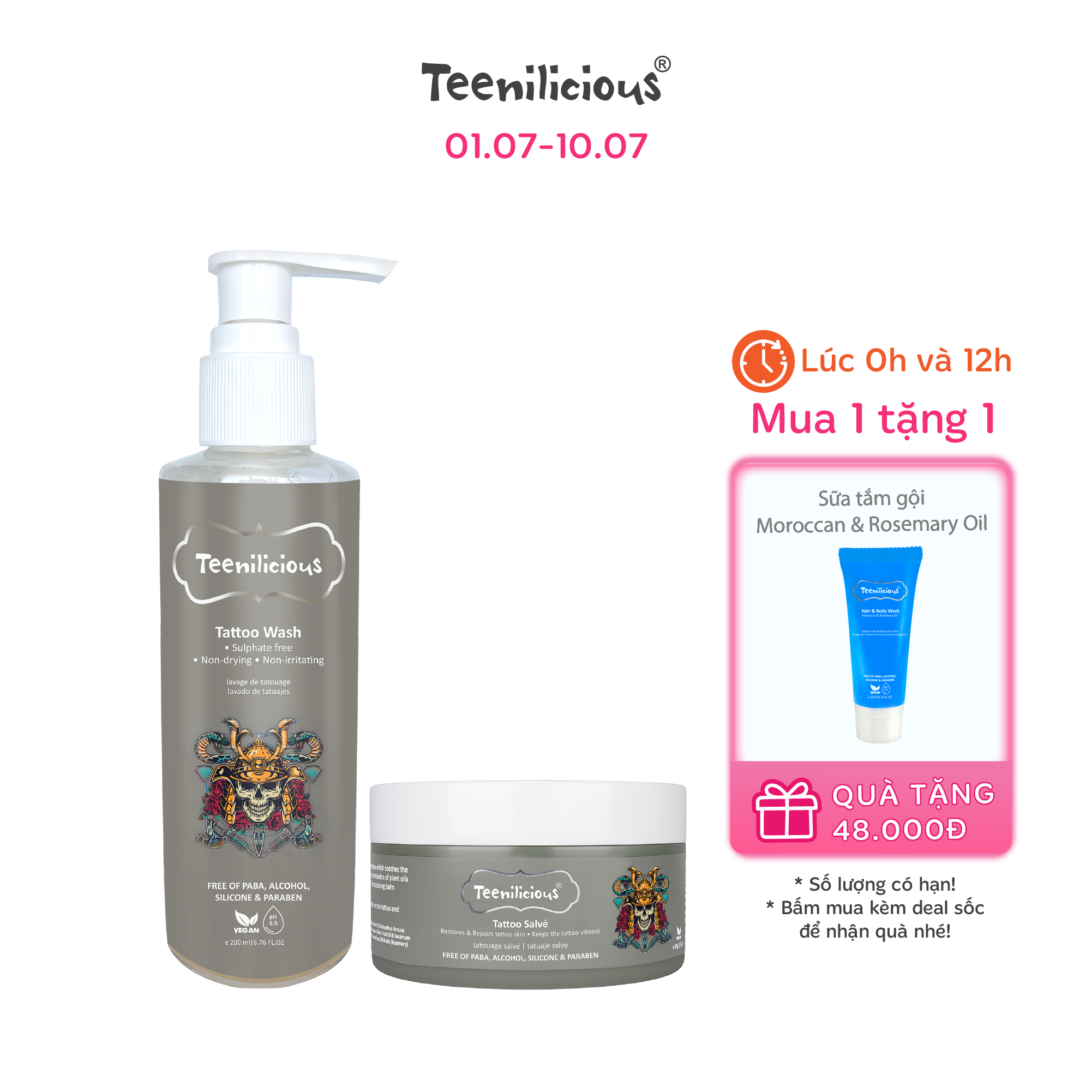Combo Chăm Sóc Da Xăm Teenilicious Tattoo Salvé 50g &amp; Teenilicious Tattoo Wash 200ml