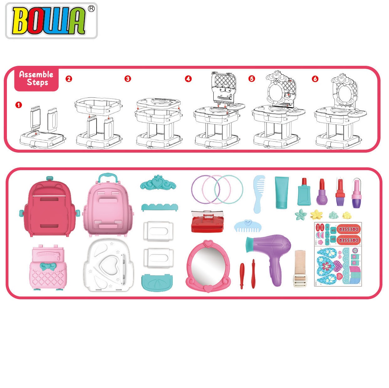 Đồ Chơi Trang Điểm Cho Bé Gái 30 Chi tiết Có Thể Xếp Lại Dễ Dàng Thành Balo - Cute Dresser School Bag Bowa 8255P