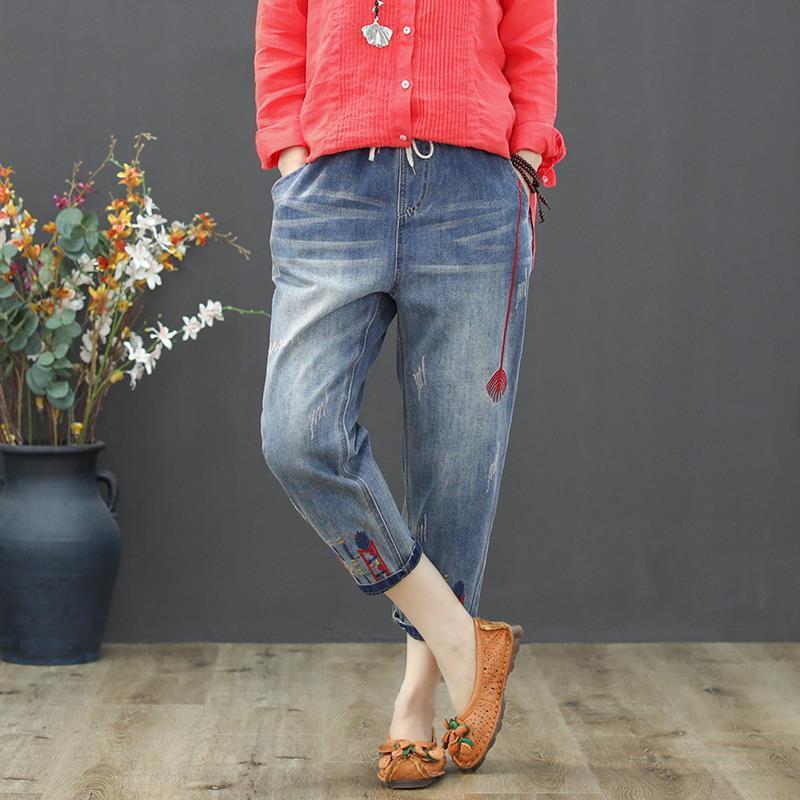 Quần Jeans Lửng Lưng Cao Co Giãn Thêu Họa Tiết Thời Trang Mùa Hè Cho Nữ