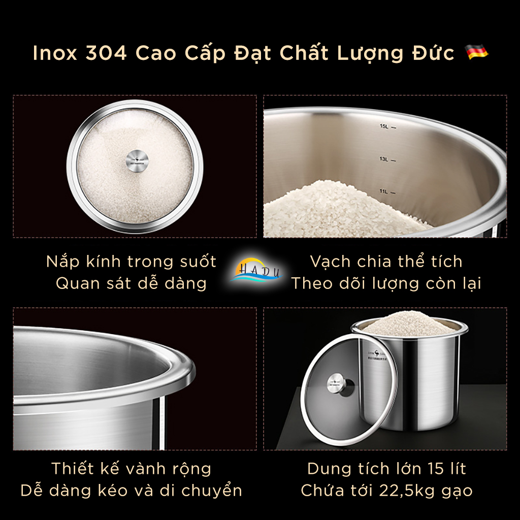 Thùng Đựng Gạo 10kg Thông Minh Inox 304 Nắp Kính Cao Cấp Đạt Chất Lượng Đức SSGP