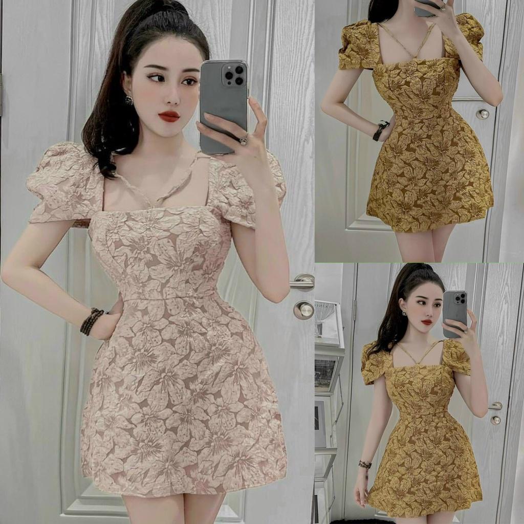 FREE SHIP Đầm Váy Nữ Chất Liệu Gấm Tay Phồng Cổ Vuông Phối Dây Kéo Cao Ngực Thiết Kế Sang Chảnh KIM GIA DS