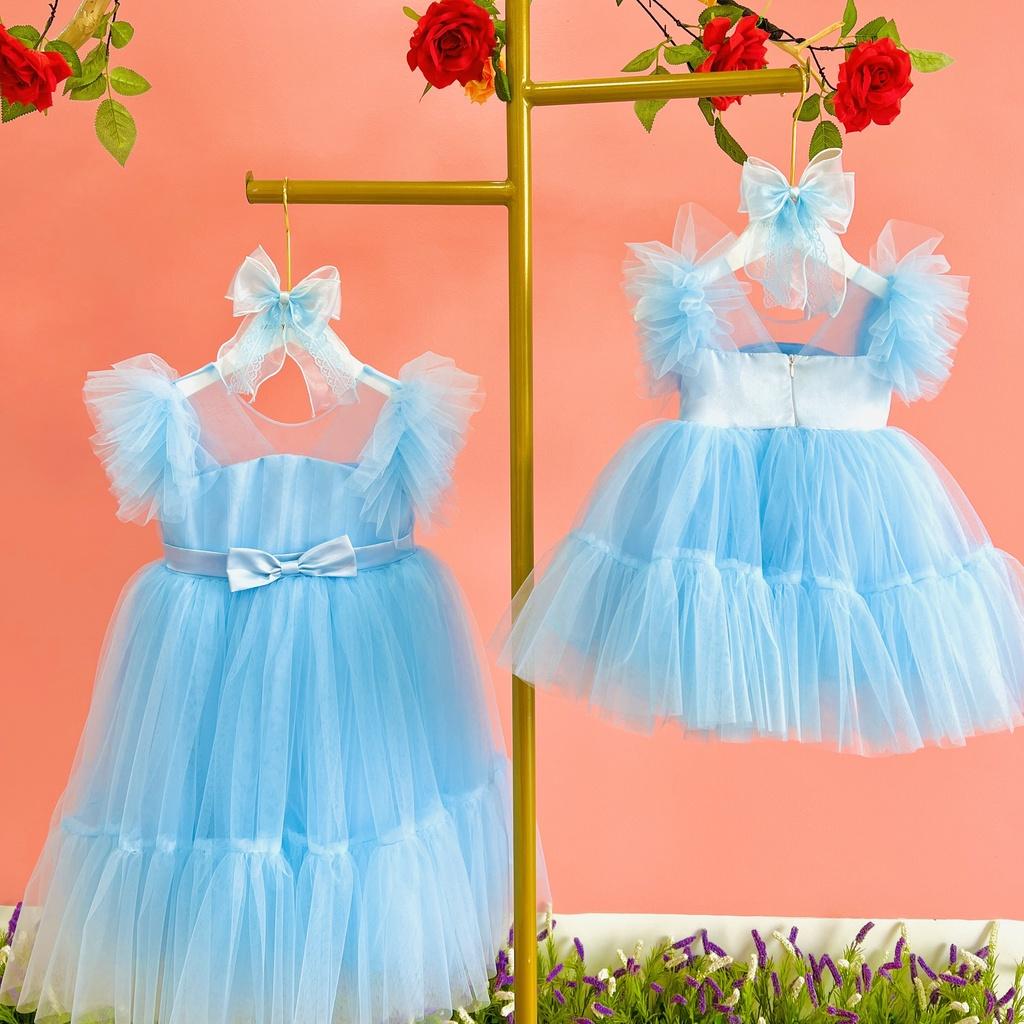 Váy công chúa đầm công chúa thiết kế màu xanh đính nơ điệu đà cùng chân váy kiểu đuôi cá điệu đà cho bé gái