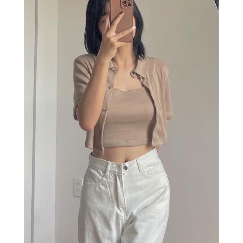 Set áo sơ mi croptop thun gân tăm mềm 2 in 1 nhiều màu Lovi