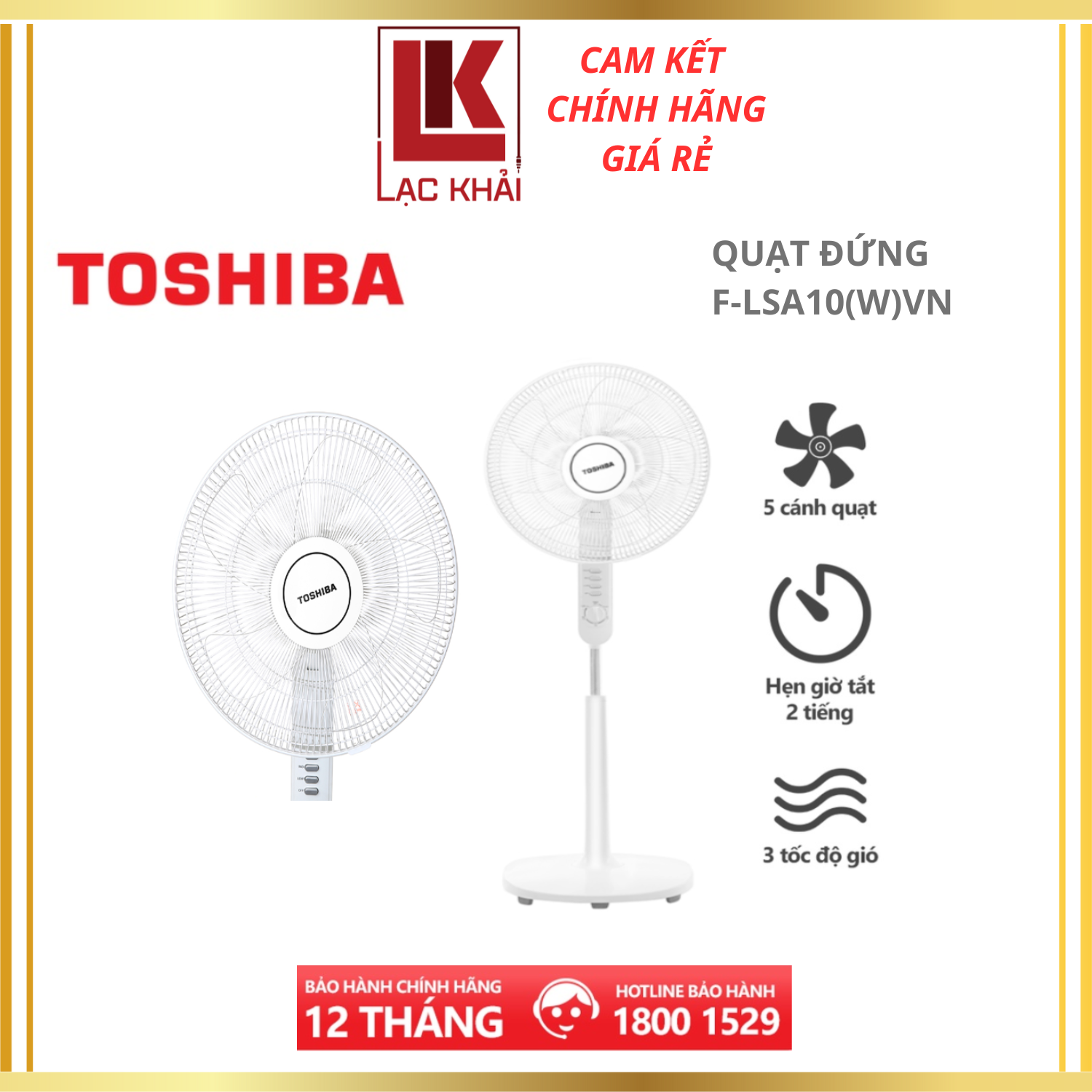 Quạt đứng Toshiba F-LSA10VN, Màu Trắng, 50W- 5 cánh - Hẹn giờ tắt - Góc đảo gió 85 độ - Hàng chính hãng, bảo hành 12 tháng