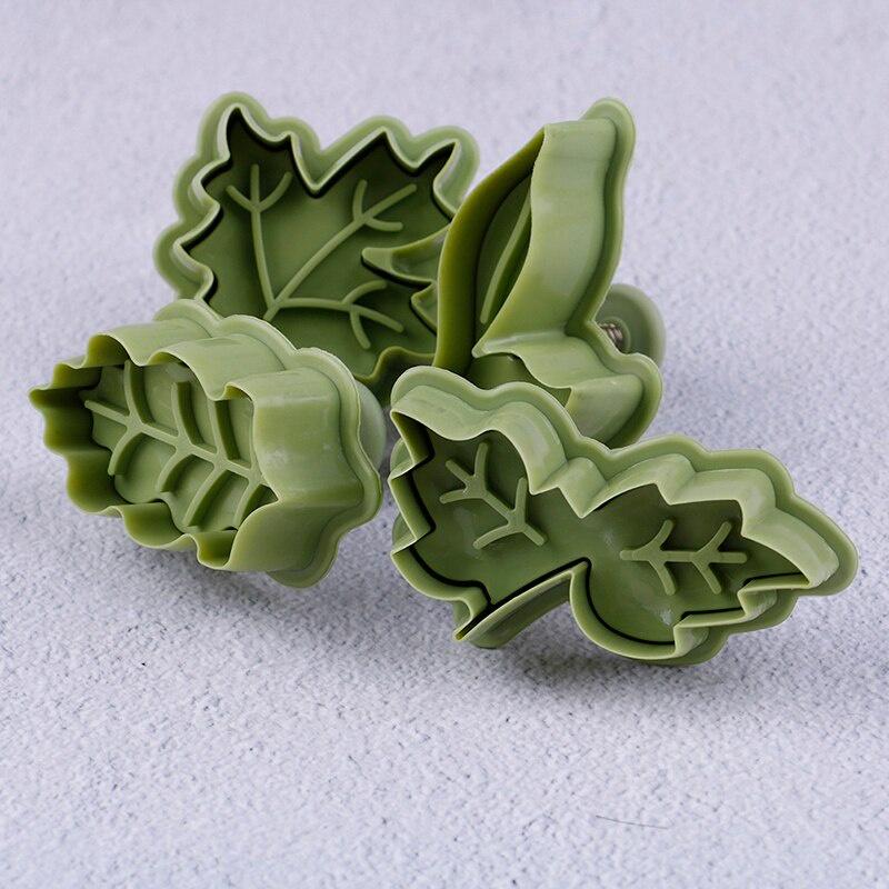 4 Pcs/set Leaf Shape Biscuit Mold DIY Hand Pressure Fondant Cake Mould Plastic Cookie Cutters Set Spring Plunger Baking Tool