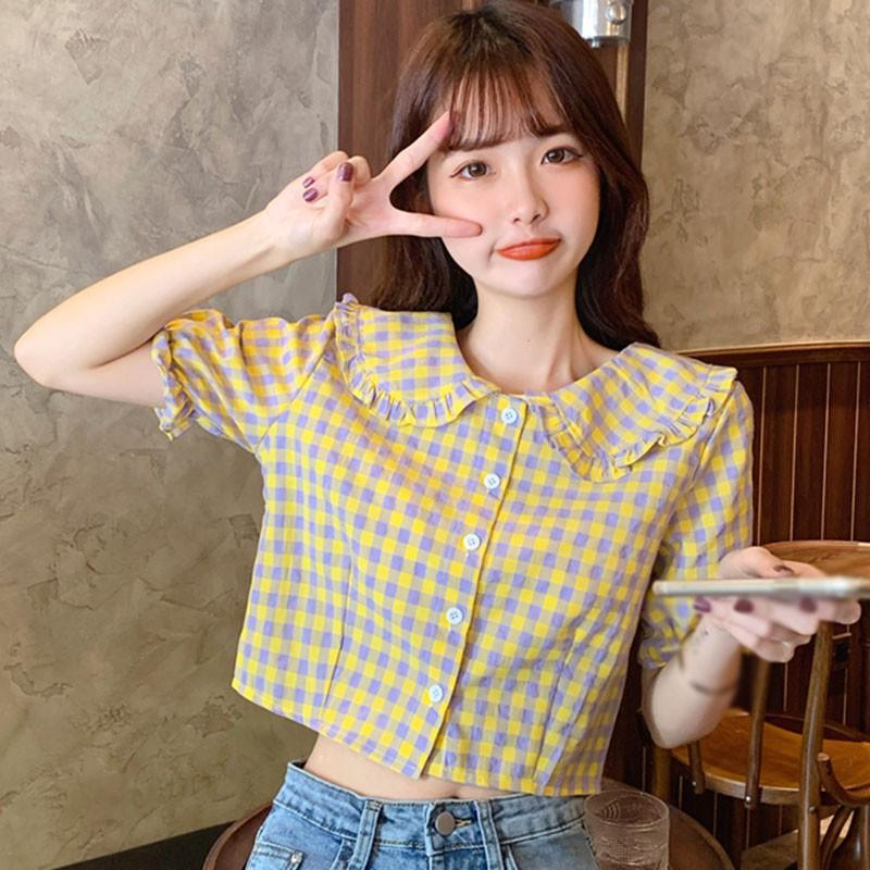 Áo Sơ Mi Caro Cổ Búp Bê Xinh Xắn Cho Nữ