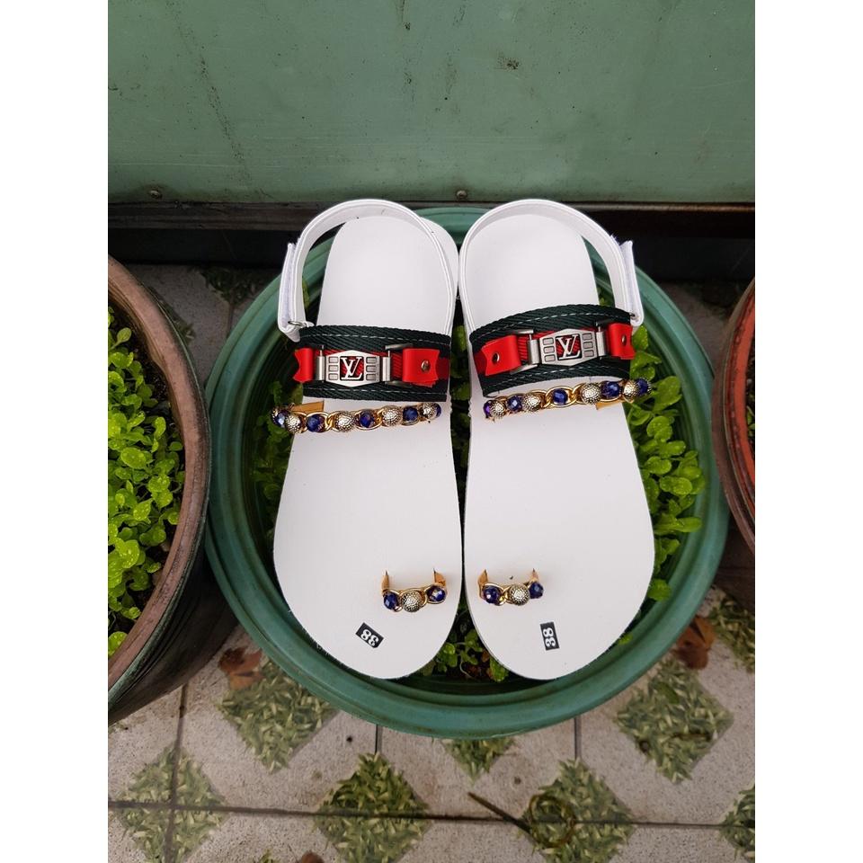 Dép sandals nữ đế trắng quai phối cườm đá size từ 34 đến 42