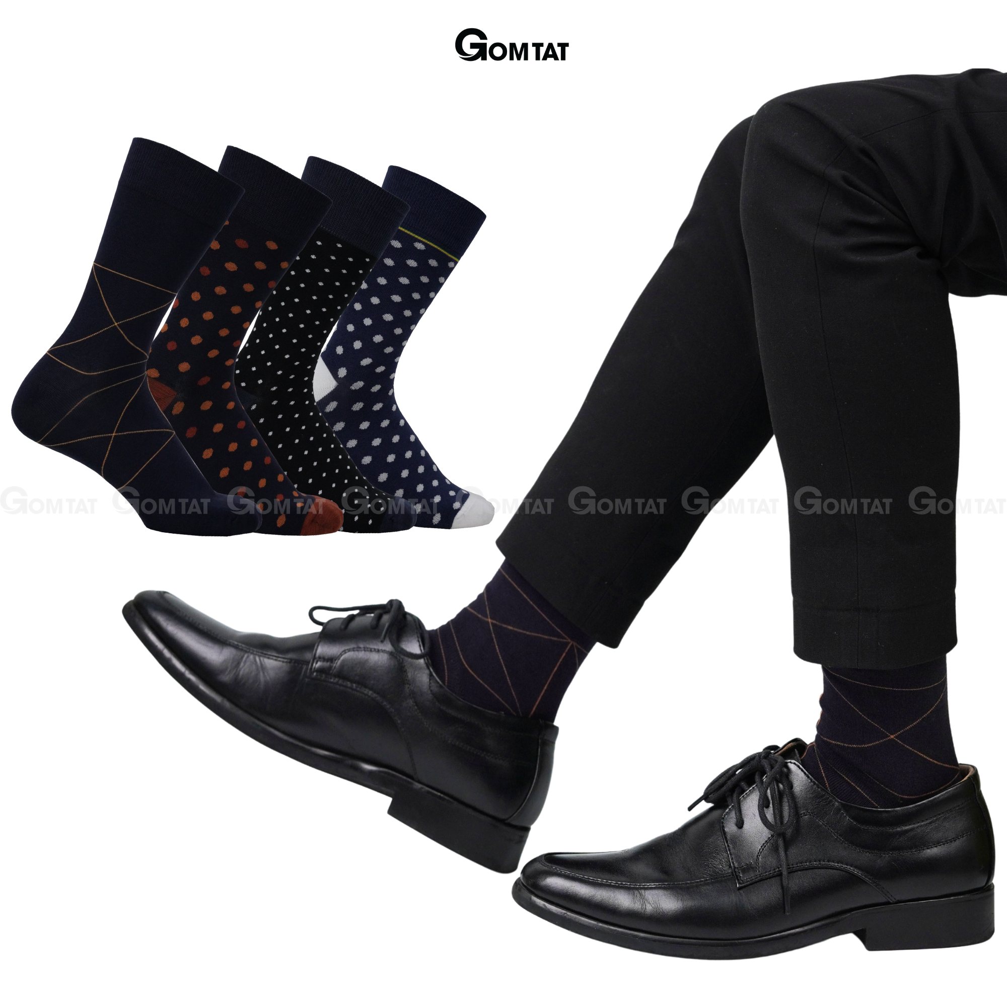 Hộp 4 đôi tất vớ nam đi giày tây công sở cổ cao GOMTAT mẫu MIX06, chất liệu cotton cao cấp thoáng khí - GOM-MIX06-CB4