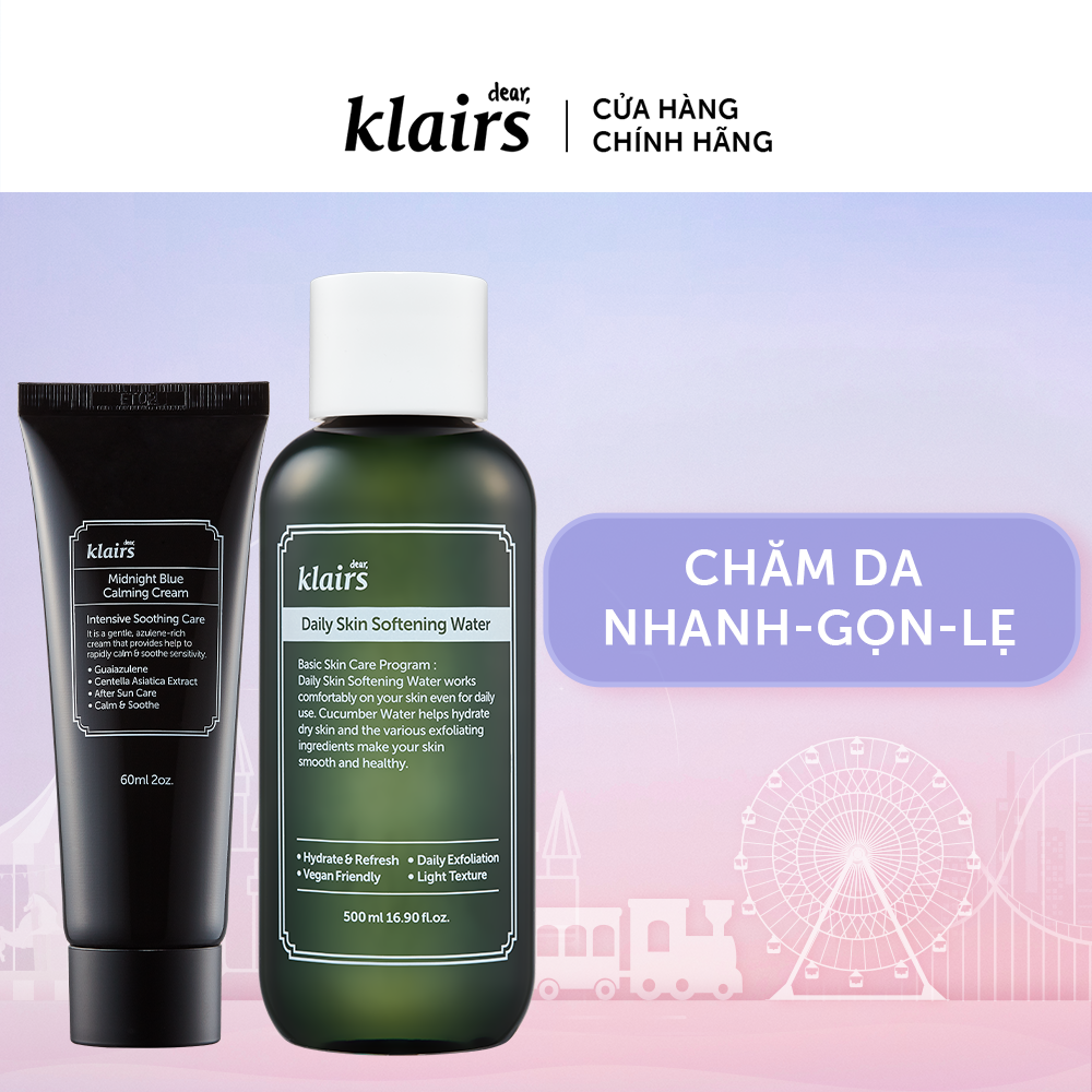 Combo Dear, Klairs Kem dưỡng Midnight Blue Calming Cream 60ml+Nước hoa hồng Daily Skin Softening Water 500 ml