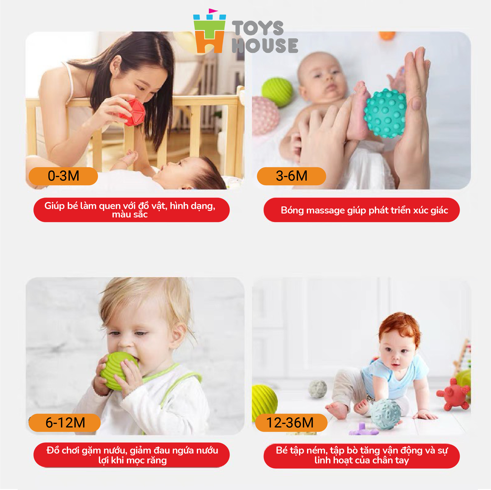 Set 6 bóng gai Silicone kích thích giác quan toàn diện cho bé ToysHouse HE0207