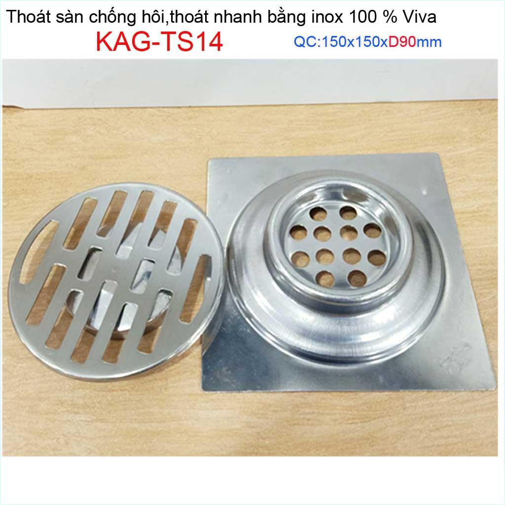 Hố ga thoát sàn Viva ống D90-9cm Inox mờ, phễu thoát nước chống hôi D90 vuông 15x15cm KAG-TS14
