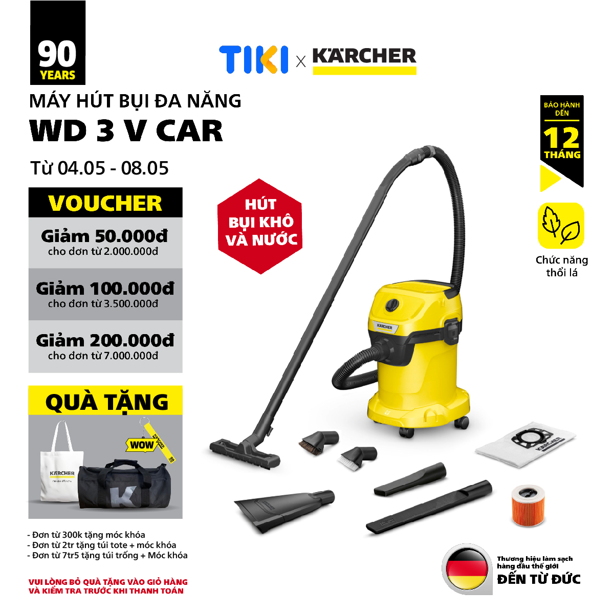 Máy hút bụi đa năng khô và ướt  WD 3 V Car dành cho Karcher - Công suất 1000W - Dùng cho gia đình và ô tô - Hàng Chính Hãng