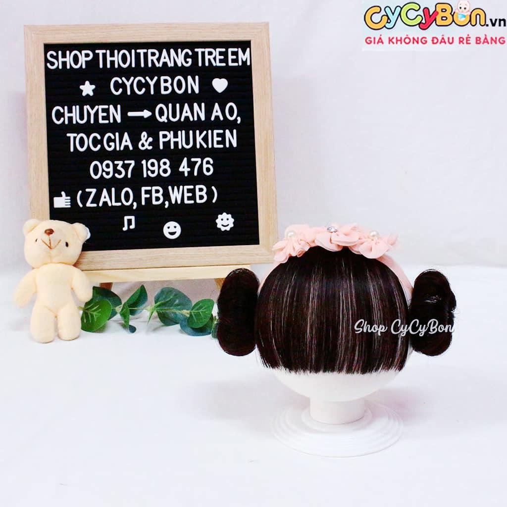 Băng Đô Tóc Giả Cho Bé Hoa Hồng Đính Đá Ngọc Trai Mái Ngang Và Búi 2 Bên