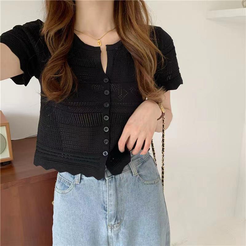 Áo len mongtoghi nữ croptop tay ngắn dệt kim họa tiết kiểu cổ V thời trang phong cách hàng Quảng Châu cao cấp
